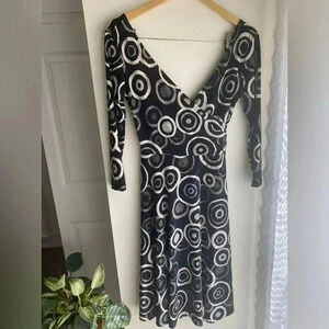 Vintage Retro London Style Fit Flare Black Cream 3/4 Sleeve Tie Waist Size 6